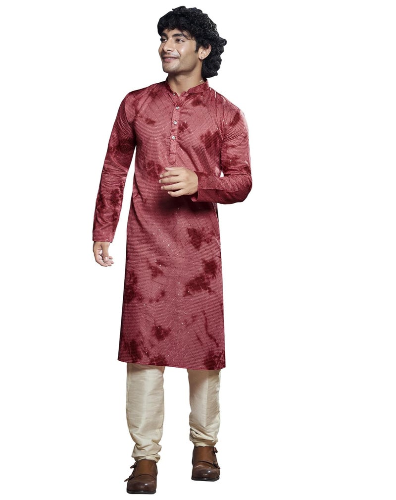 Vardha Men's Viscose Sequence Stitched Kurta, Flowy Red Pattern Shibori Dyed Ethnic Kurtas for Men, Mandarin Collar, Pearl Buttons, Size L - Image 1