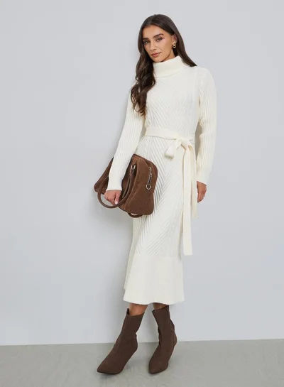 Styli Off White Midi Sweater Dress with Belt