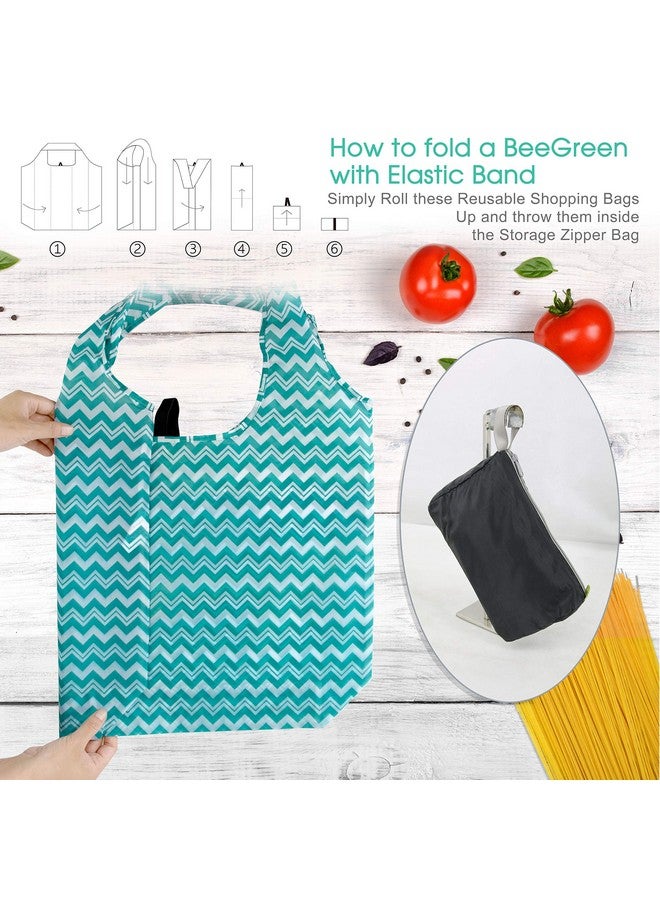 بي جرين حقائب تسوق BeeGreen قابلة لإعادة الاستخدام وخفيفة الوزن ومتينة وقابلة للغسل وقابلة للطي، عبوة من 12 حقيبة كبيرة جدًا بتصميم هندسي كلاسيكي، حقائب هدايا بقالة مع شريط مطاطي وحقيبة تخزين منفصلة بسحاب - Image 3