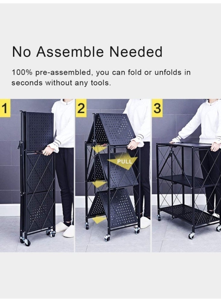 Generic 4 Layer Rack Shelf Organizer Foldable Storage Shelving Unit with Wheels, Multi-Shelf Foldable Storage Shelves Metal Rack Display for Garage Kitchen Pantry Closet Laundry, Black  - Image 3
