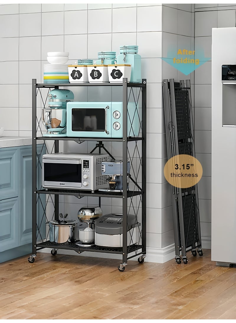 Generic 4 Layer Rack Shelf Organizer Foldable Storage Shelving Unit with Wheels, Multi-Shelf Foldable Storage Shelves Metal Rack Display for Garage Kitchen Pantry Closet Laundry, Black  - Image 1