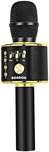 BONAOK ميكروفون كاريوكي لاسلكي بلوتوث BONAOK، 3 في 1 ميكروفون محمول يدوي مكبر صوت لجميع الهواتف الذكية، هدايا للبنات والأولاد والأطفال والبالغين من جميع الأعمار Q37 (أسود ذهبي) - Image 1