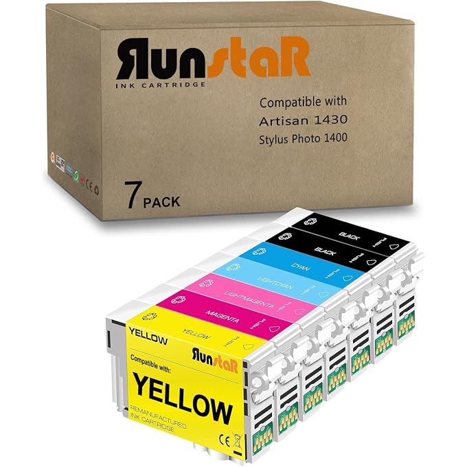 Run Star 79 T079 Remanufactured Ink Cartridge Replacement for 79 T079 T079120 use with Artisan 1430 Stylus Photo 1400 Printer (7 Packs; 2 Black/Cyan/Yellow/Magenta/Light Cyan/Light Magenta)