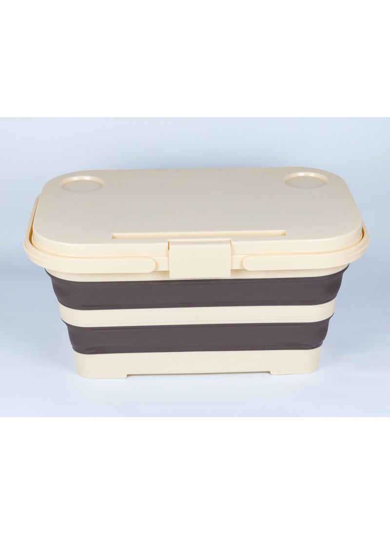 Storage box with foldable cutting table with handle for easy carrying for road trips and camping with a capacity of 20 liters