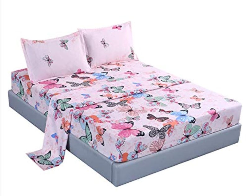 MAG 4PCS Full Size Butterfly Bedding Sheet Set Home Microfiber Bed Sheet with1 Top Flat  1 Fitted Sheet with 2 Pillowcases 14 Inches Deep Full