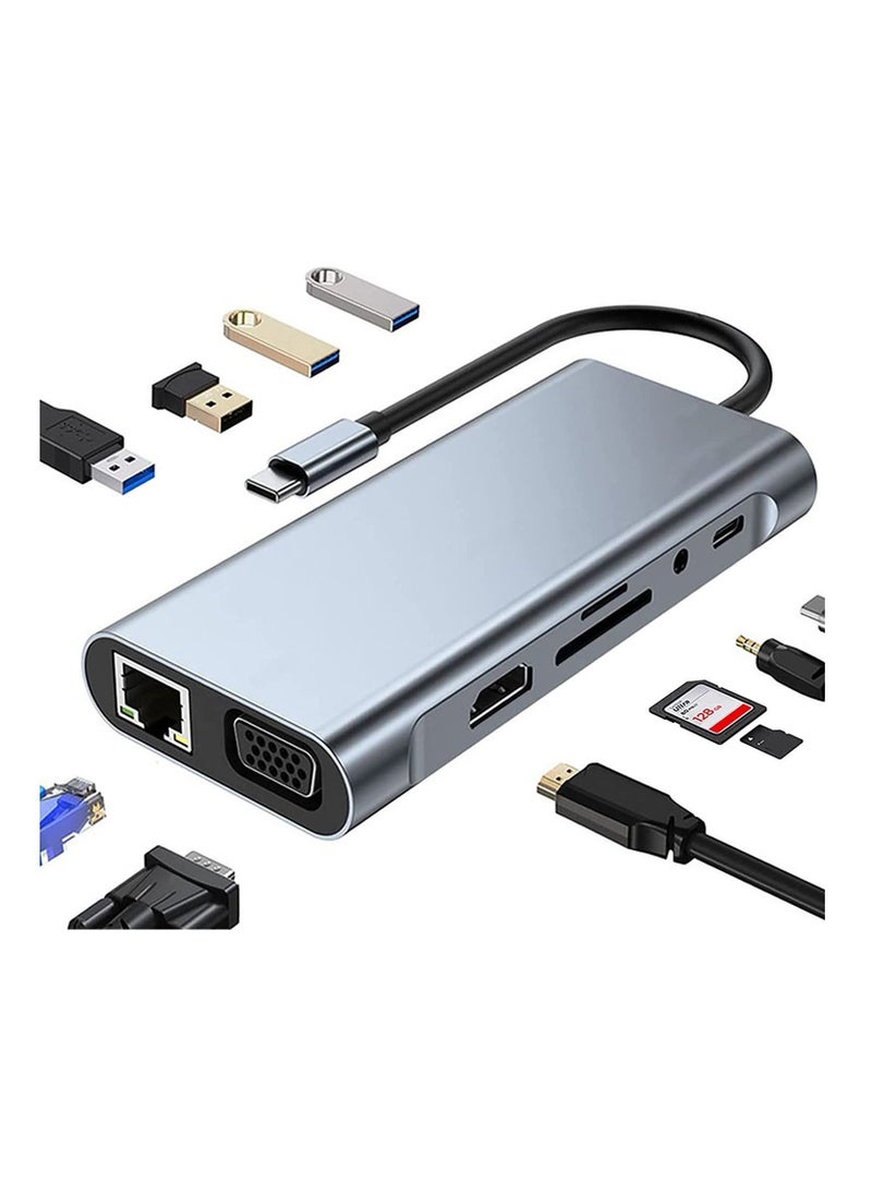 USB C Hub, 11 in 1 Docking Station with 4K HDMI, VGA, RJ45 Ethernet, 3.0 u0026 2.0, SD TF Card Reader, 100W PD Charging, 3.5mm Audio, Multiport Adapter for MacBook Pro Type Laptop - Image 1