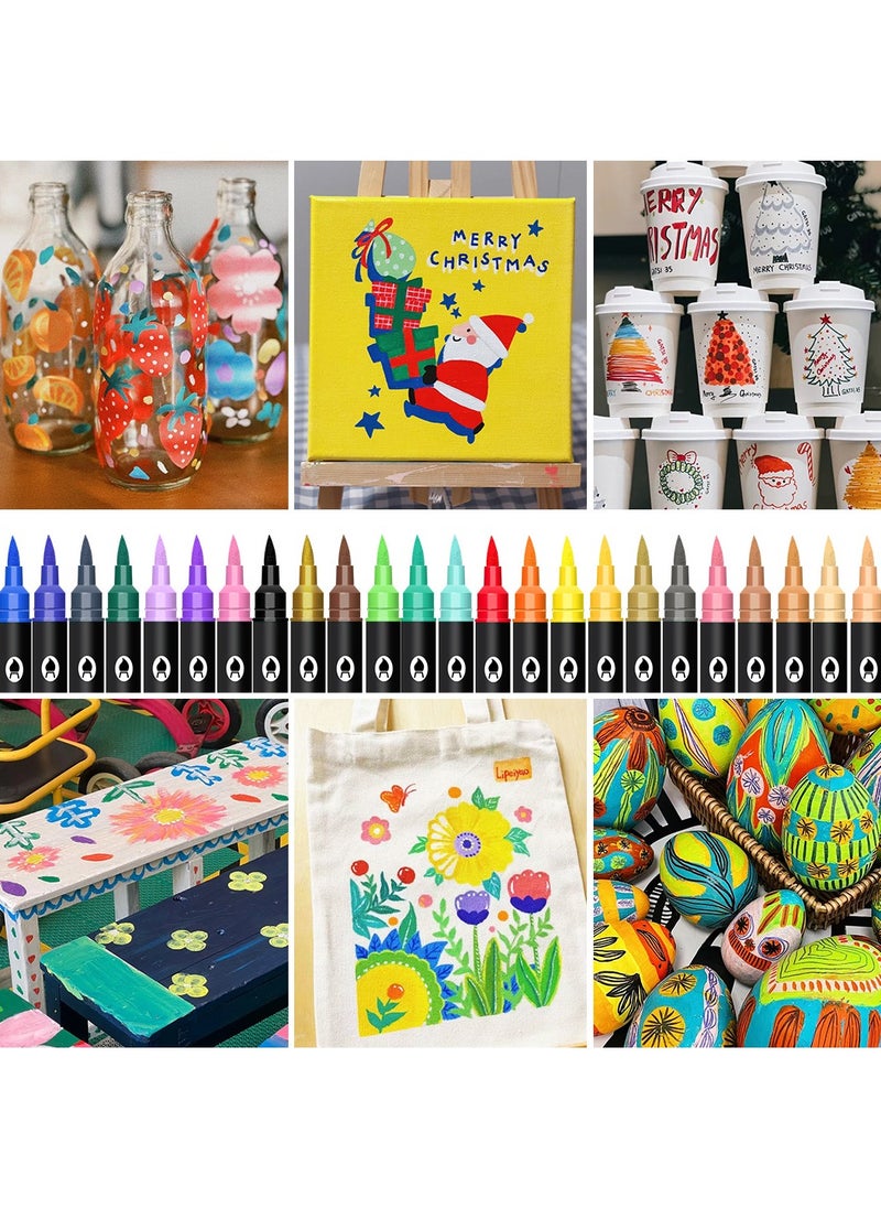 24pcs 48 colours dual tip acrylic paint markers, waterproof, non-toxic, odourless, suitable for paper, pottery, stones, backpacks, glass, eggs, fabrics, plastics, handicrafts