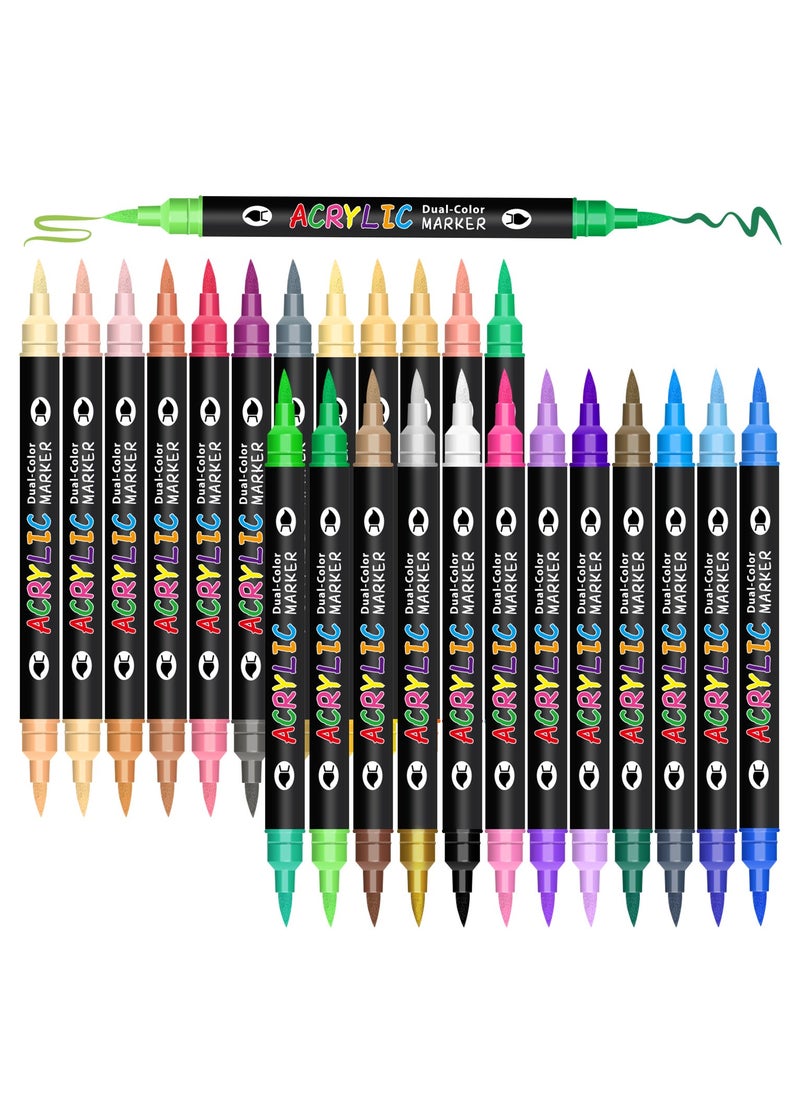 24pcs 48 colours dual tip acrylic paint markers, waterproof, non-toxic, odourless, suitable for paper, pottery, stones, backpacks, glass, eggs, fabrics, plastics, handicrafts