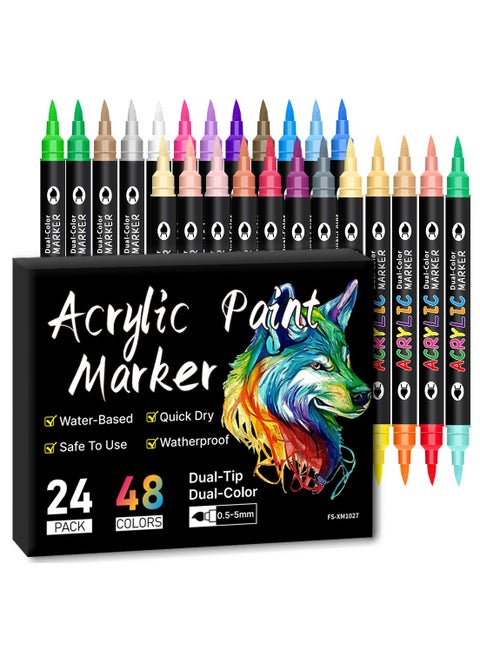 24pcs 48 colours dual tip acrylic paint markers, waterproof, non-toxic, odourless, suitable for paper, pottery, stones, backpacks, glass, eggs, fabrics, plastics, handicrafts