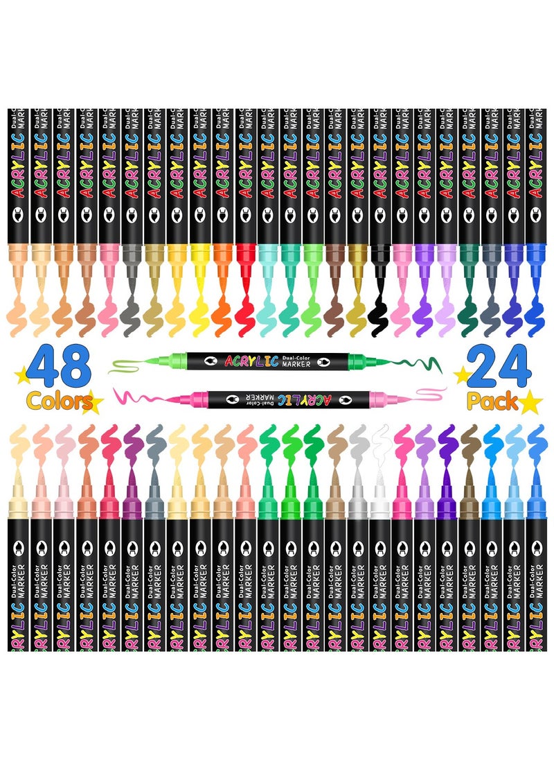 24pcs 48 colours dual tip acrylic paint markers, waterproof, non-toxic, odourless, suitable for paper, pottery, stones, backpacks, glass, eggs, fabrics, plastics, handicrafts