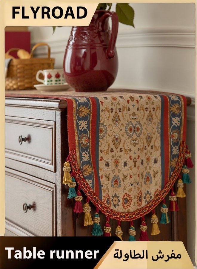 FLYROAD Luxury Printed Table Runner with Colorful Tassels Bohemia Style Linen Table Runner Kitchen Dining Table Decoration for Home Party Decor (40*180cm) - Image 1