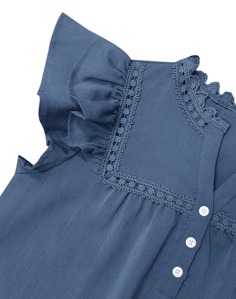 PRETTODAY Women's V Neck Lace Crochet Shirts Button Down Short Sleeve Casual Blouse Tops A-Navy - Image 5