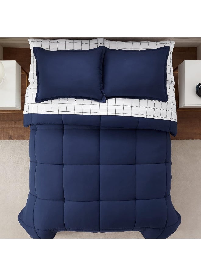Serta - Serta Simply Clean Complete 7 Piece Hypoallergenic Reversible Bed in a Bag with Sheets and Pillow Cases for All Season, Queen, Navy/Grey - Image 1