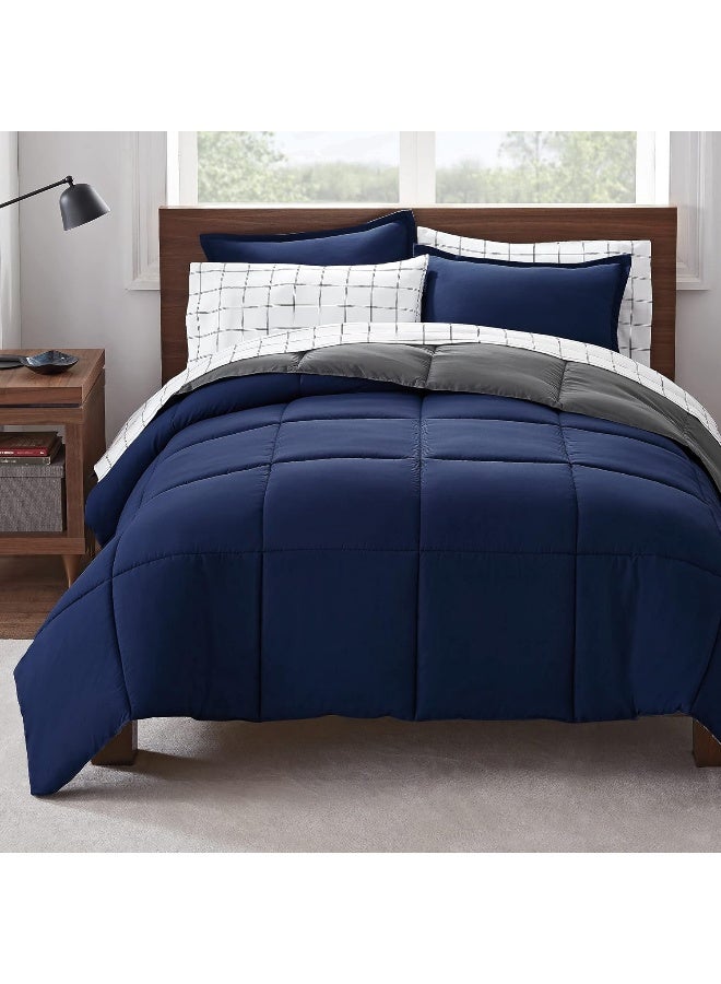Serta - Serta Simply Clean Complete 7 Piece Hypoallergenic Reversible Bed in a Bag with Sheets and Pillow Cases for All Season, Queen, Navy/Grey - Image 1