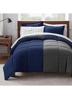 Serta Serta Simply Clean Complete 7 Piece Hypoallergenic Reversible Bed in a Bag with Sheets and Pillow Cases for All Season, Queen, Navy/Grey  - Image 1