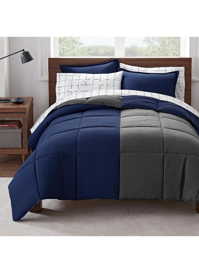 Serta - Serta Simply Clean Complete 7 Piece Hypoallergenic Reversible Bed in a Bag with Sheets and Pillow Cases for All Season, Queen, Navy/Grey - Image 1