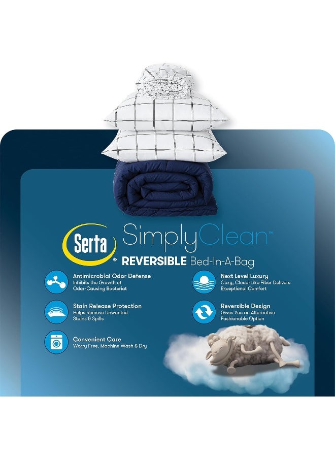 Serta - Serta Simply Clean Complete 7 Piece Hypoallergenic Reversible Bed in a Bag with Sheets and Pillow Cases for All Season, Queen, Navy/Grey - Image 1