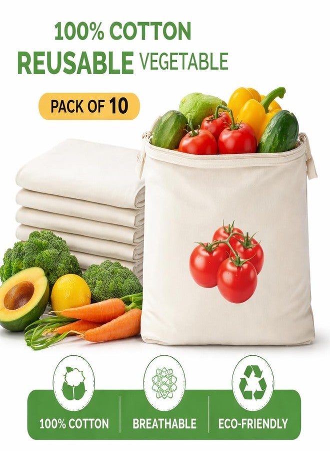PFFY 100% Cotton Reusable Vegetable Storage Bags for Fridge (Pack of 10) | Eco-Friendly Kitchen Organizer | Breathable Washable Cloth Bags with Zipper for Fruits & Vegetables - Image 5