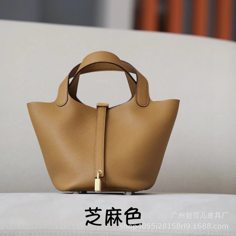 Bag New Genuine Leather Women'S Bag Explosive Vegetable Basket Top Layer Togo Cowhide Litchi Pattern Bucket Bag Handbag - Image 4