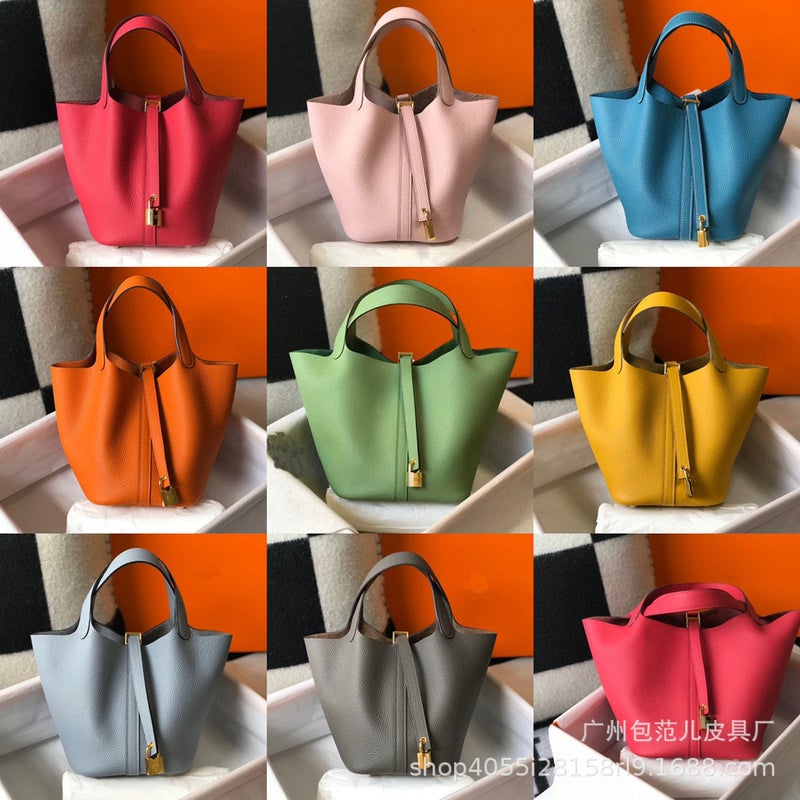 Bag New Genuine Leather Women'S Bag Explosive Vegetable Basket Top Layer Togo Cowhide Litchi Pattern Bucket Bag Handbag - Image 2