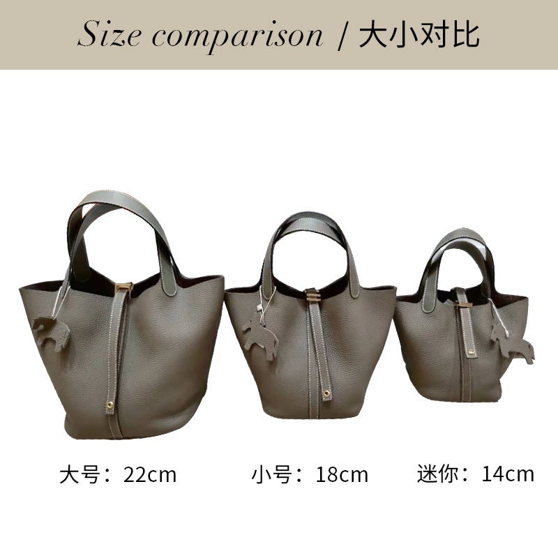 Bag New Genuine Leather Women'S Bag Explosive Vegetable Basket Top Layer Togo Cowhide Litchi Pattern Bucket Bag Handbag - Image 3