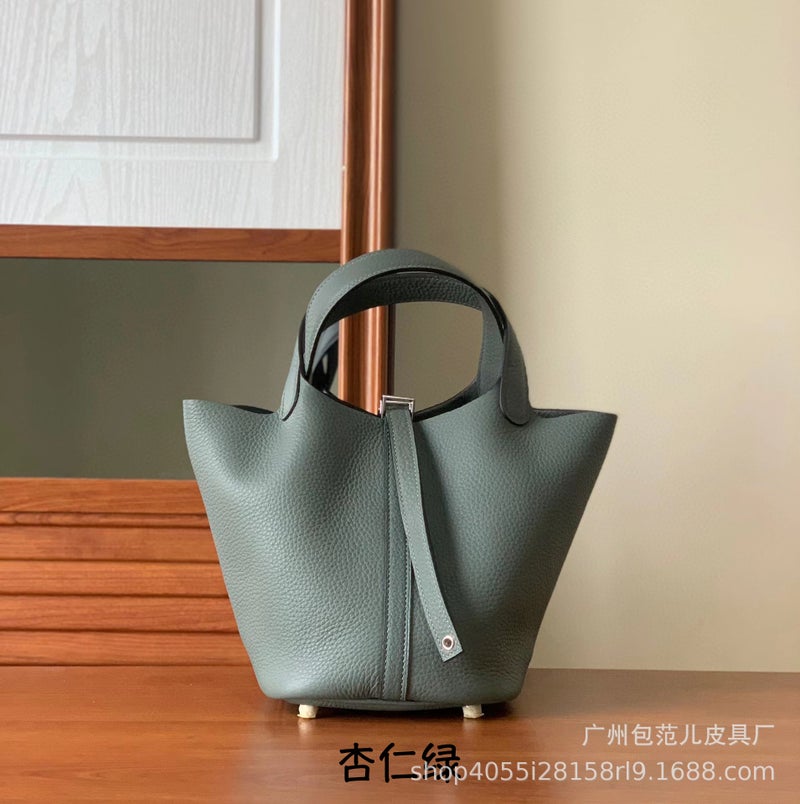 Bag New Genuine Leather Women'S Bag Explosive Vegetable Basket Top Layer Togo Cowhide Litchi Pattern Bucket Bag Handbag - Image 1