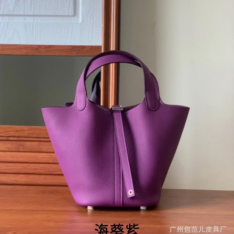 Bag New Genuine Leather Women'S Bag Explosive Vegetable Basket Top Layer Togo Cowhide Litchi Pattern Bucket Bag Handbag - Image 5