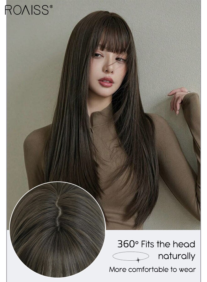 roaiss Long Straight Cold Brown Hair Wig with Bangs for Women Natural Soft Fluffy Synthetic Heat Resistant Wig for Wedding Cosplay Party Daily Use, 72cm (28in) - Image 4