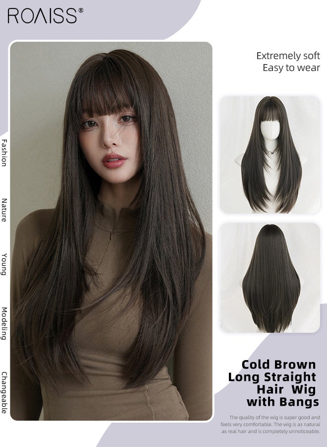 roaiss Long Straight Cold Brown Hair Wig with Bangs for Women Natural Soft Fluffy Synthetic Heat Resistant Wig for Wedding Cosplay Party Daily Use, 72cm (28in) - Image 1