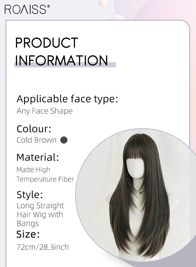 roaiss Long Straight Cold Brown Hair Wig with Bangs for Women Natural Soft Fluffy Synthetic Heat Resistant Wig for Wedding Cosplay Party Daily Use, 72cm (28in) - Image 3