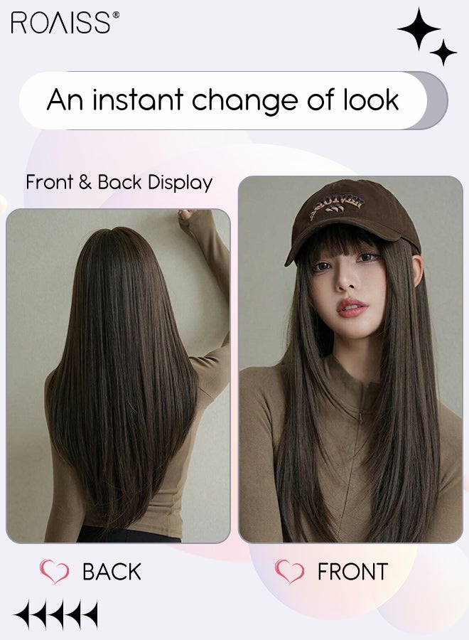 roaiss Long Straight Cold Brown Hair Wig with Bangs for Women Natural Soft Fluffy Synthetic Heat Resistant Wig for Wedding Cosplay Party Daily Use, 72cm (28in) - Image 2