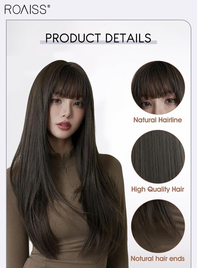 roaiss Long Straight Cold Brown Hair Wig with Bangs for Women Natural Soft Fluffy Synthetic Heat Resistant Wig for Wedding Cosplay Party Daily Use, 72cm (28in) - Image 5