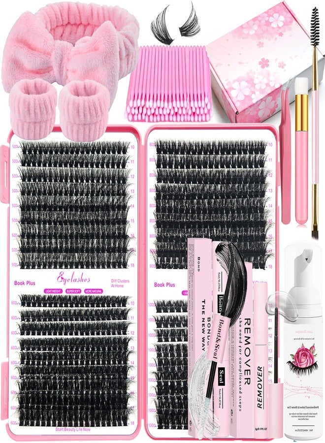 DNSGOOR DIY Fluffy Lash Extension Kit 684Pcs 10-18mm D Curl Lashes Clusters with Lash Bond and Seal Glue Remover Lash Shampoo Cleansing Brush Headband Wristband Tweezers Eyelash Brush Applicator - Image 1