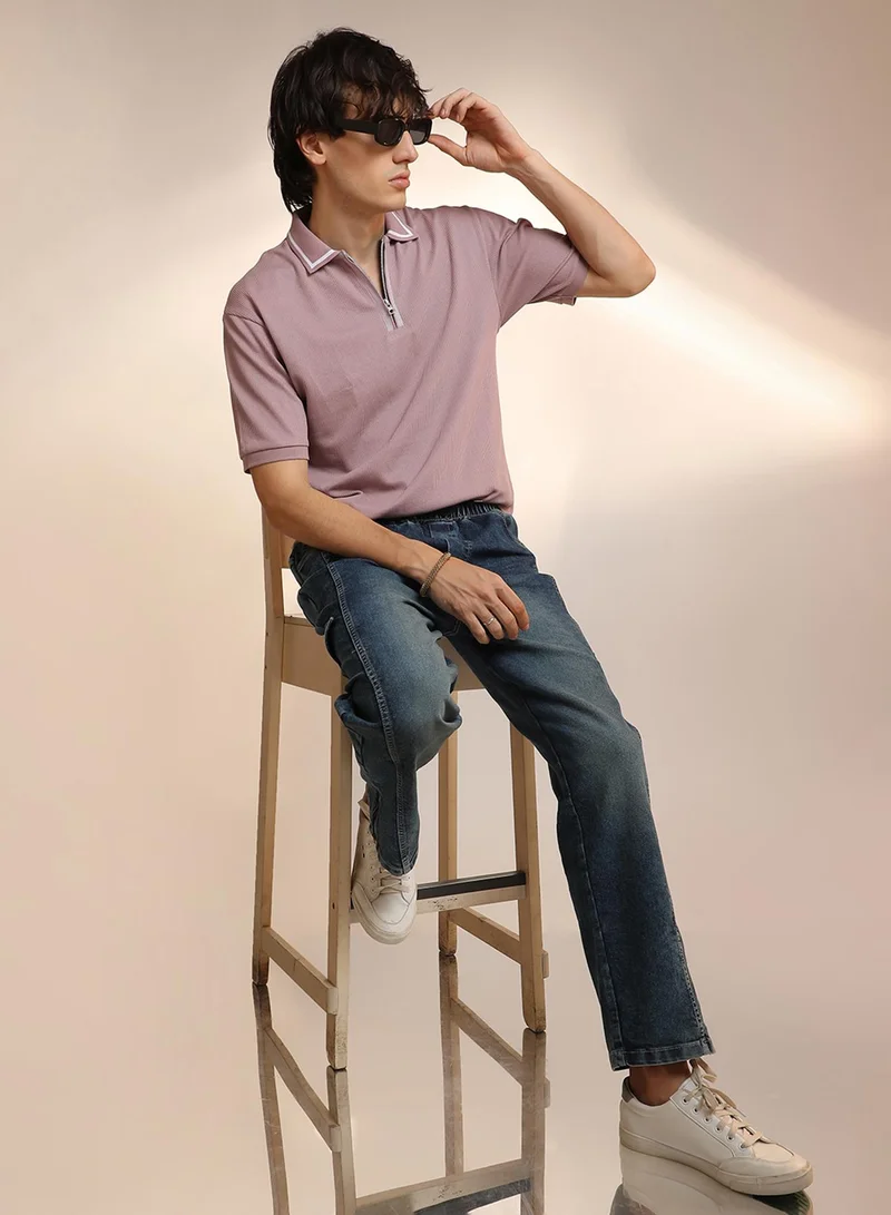 Campus Sutra Men's Blush Pink Micro-Waffle Polo T-Shirt