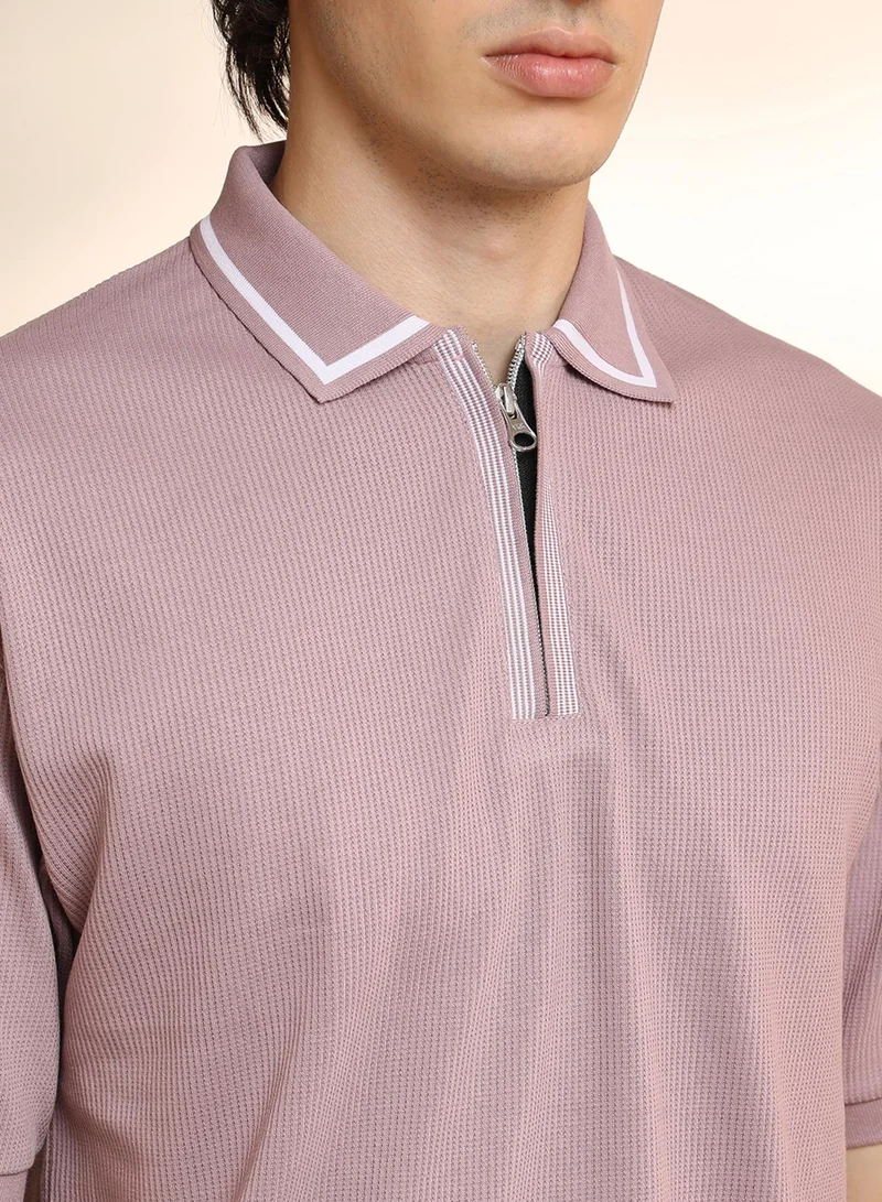 Campus Sutra Men's Blush Pink Micro-Waffle Polo T-Shirt