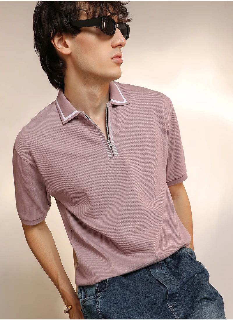 Campus Sutra Men's Blush Pink Micro-Waffle Polo T-Shirt