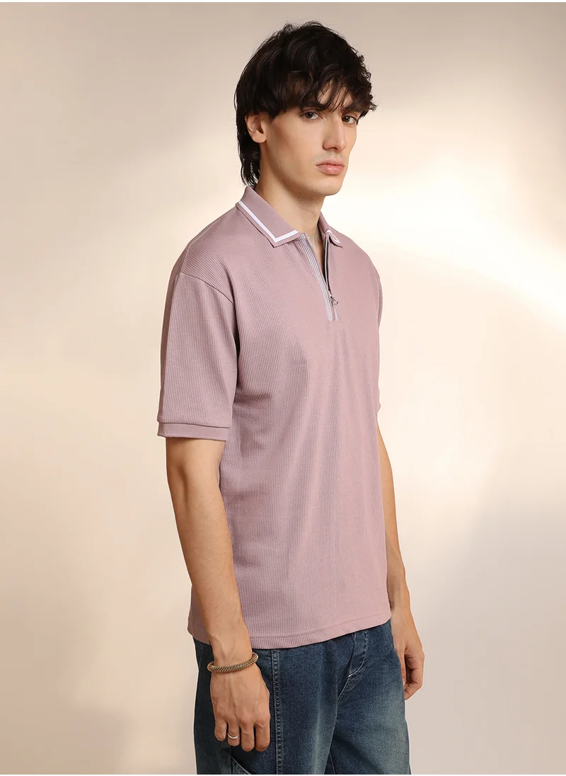 Campus Sutra Men's Blush Pink Micro-Waffle Polo T-Shirt