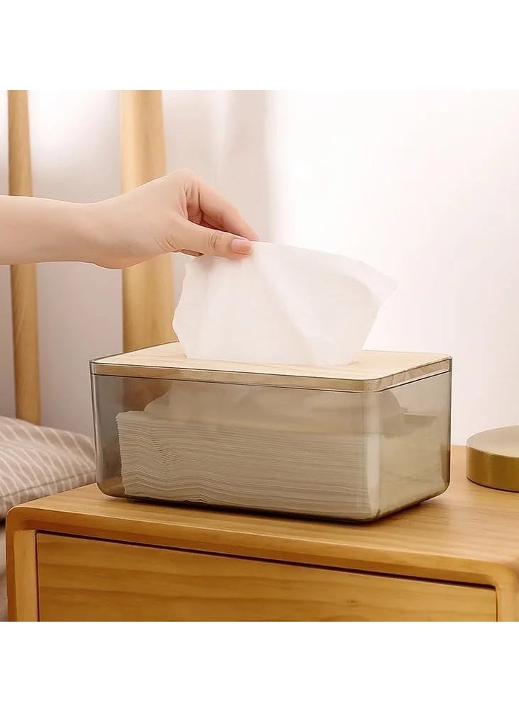 VIO - Acrylic Clear Tissue Box Holder with Bamboo Lid Water Resistant Facial Wipes Storage Case Stylish Napkin Dispenser Container for Desk Home Toilet Bathroom Restaurant Car Office 1 Pack - Image 1