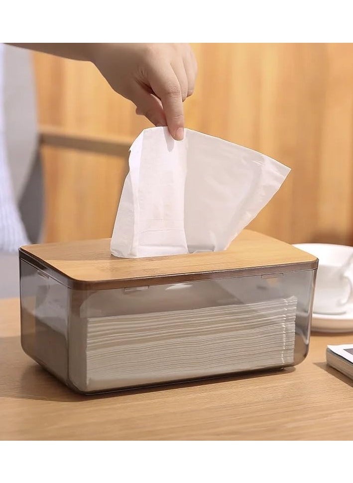 VIO - Acrylic Clear Tissue Box Holder with Bamboo Lid Water Resistant Facial Wipes Storage Case Stylish Napkin Dispenser Container for Desk Home Toilet Bathroom Restaurant Car Office 1 Pack - Image 1