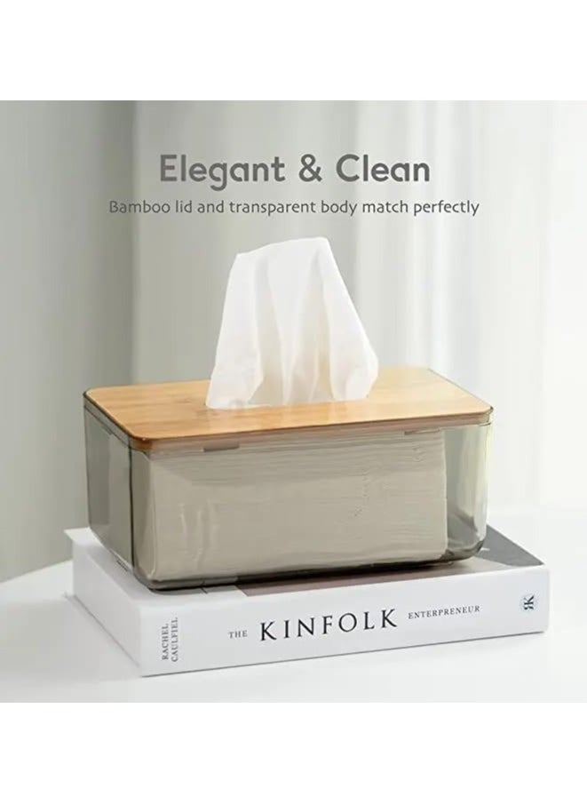 VIO - Acrylic Clear Tissue Box Holder with Bamboo Lid Water Resistant Facial Wipes Storage Case Stylish Napkin Dispenser Container for Desk Home Toilet Bathroom Restaurant Car Office 1 Pack - Image 1
