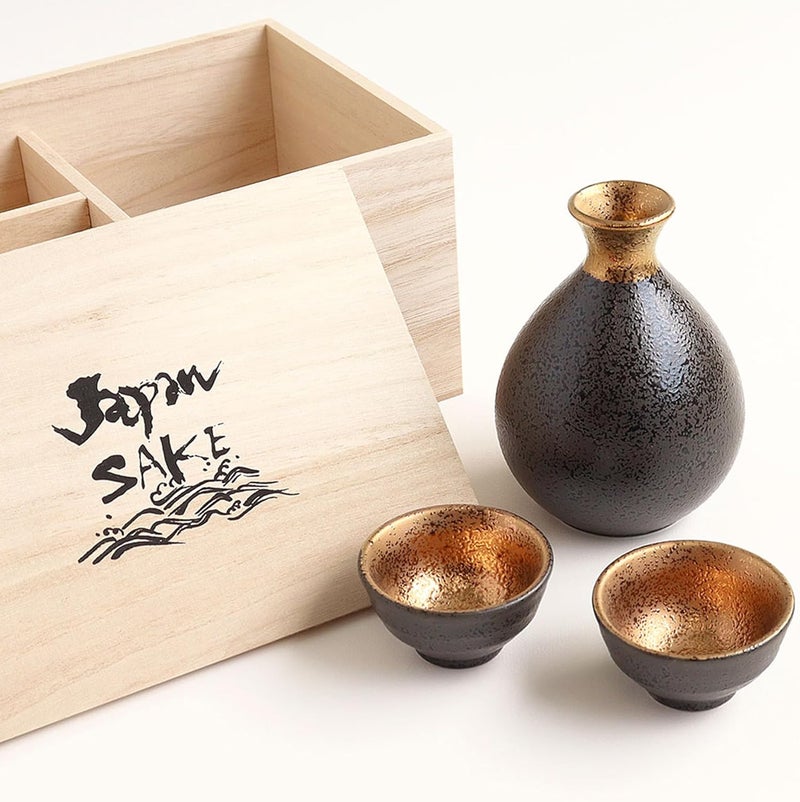 TAKEMI Japanese Sake Set Gift, Mino Ware Ceramic Decanter with 2 Guinomi Cups, Handcrafted Traditional Pottery Made in Japan (Eclipse Gold, Decanter (10 fl oz - 300ml), Cup (1.7 fl oz - 50ml)) - Image 1