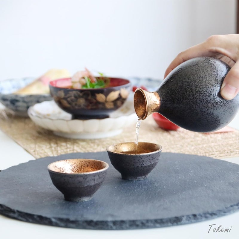 TAKEMI Japanese Sake Set Gift, Mino Ware Ceramic Decanter with 2 Guinomi Cups, Handcrafted Traditional Pottery Made in Japan (Eclipse Gold, Decanter (10 fl oz - 300ml), Cup (1.7 fl oz - 50ml)) - Image 2