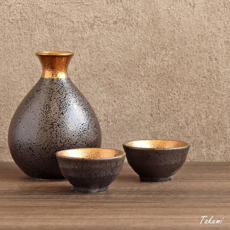 TAKEMI Japanese Sake Set Gift, Mino Ware Ceramic Decanter with 2 Guinomi Cups, Handcrafted Traditional Pottery Made in Japan (Eclipse Gold, Decanter (10 fl oz - 300ml), Cup (1.7 fl oz - 50ml)) - Image 3