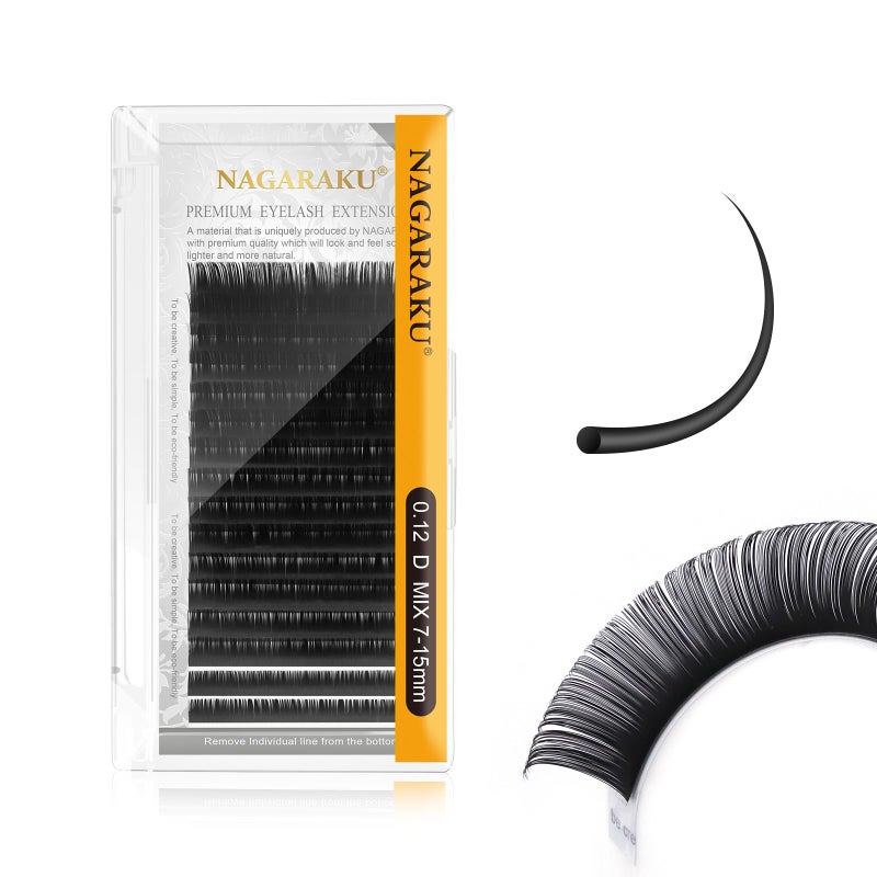 NAGARAKU Eyelash Extensions Individual Lashes 0.12mm D curl 7-15mm Mix Tray Classic Matte Black Natural Faux Mink 16 rows - Image 1