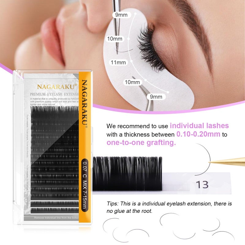 NAGARAKU Eyelash Extensions Individual Lashes 0.12mm D curl 7-15mm Mix Tray Classic Matte Black Natural Faux Mink 16 rows - Image 5