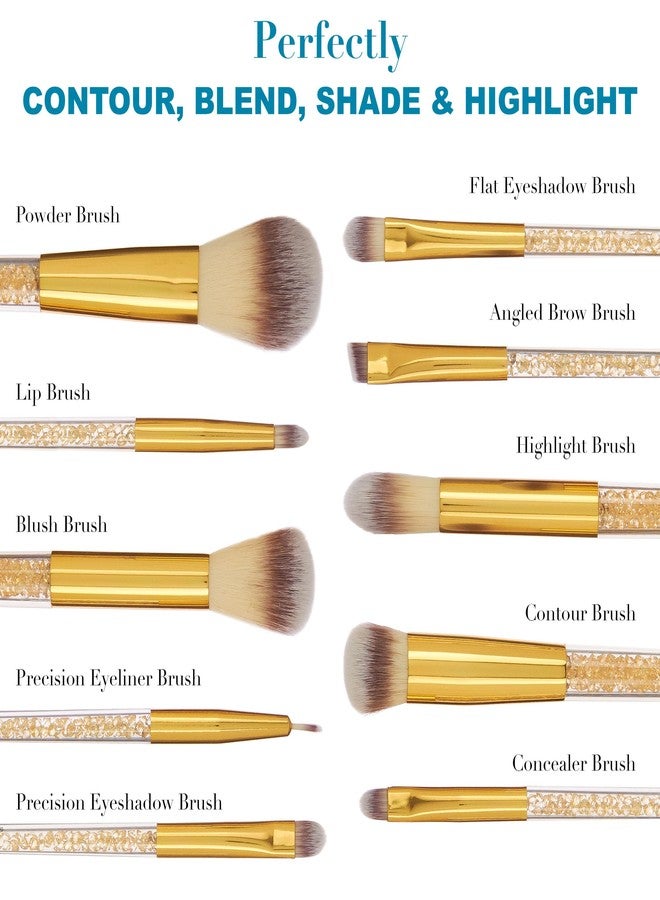 Expressions 10pc Pro Makeup Brush Set w/Sparkling Gemstones in Gold - 10 Quality Soft Bristle Makeup Brushes For Everyday Use - Professional Makeup Brushes & Tools - Image 4