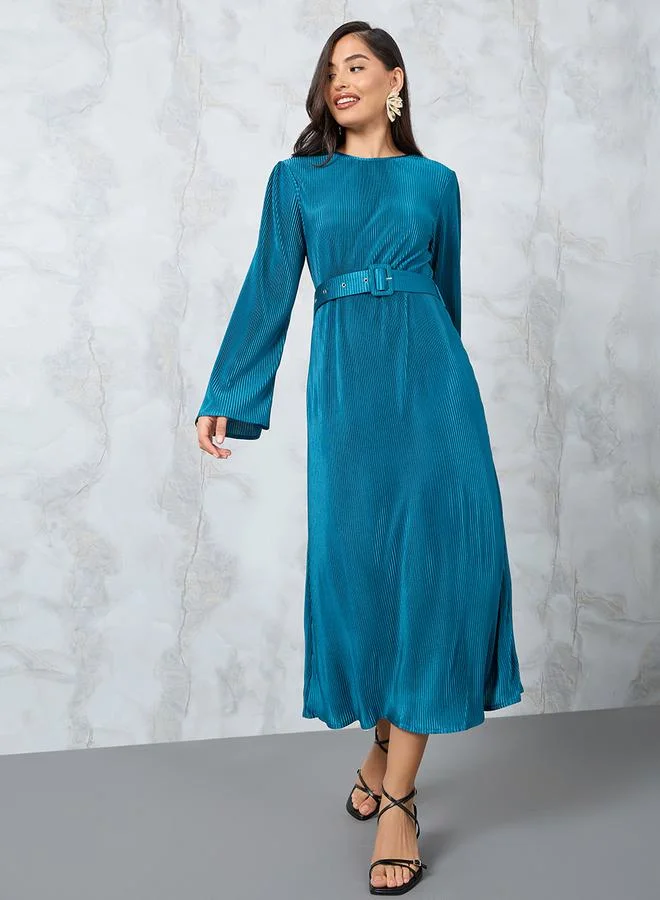 ستايلي Flare Sleeve Belted Plisse A-Line Midi Dress