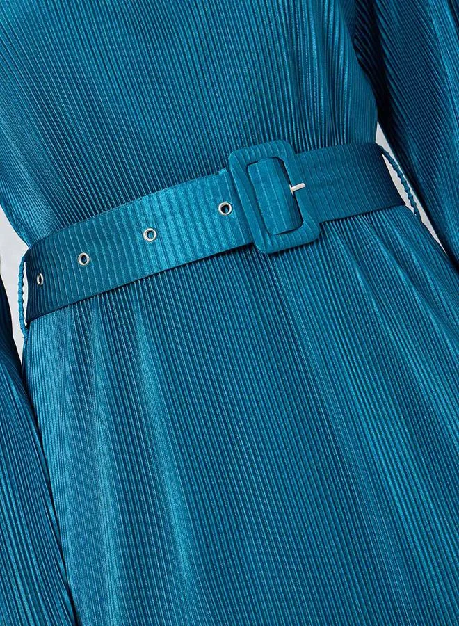 ستايلي Flare Sleeve Belted Plisse A-Line Midi Dress