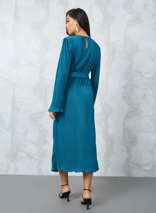ستايلي Flare Sleeve Belted Plisse A-Line Midi Dress