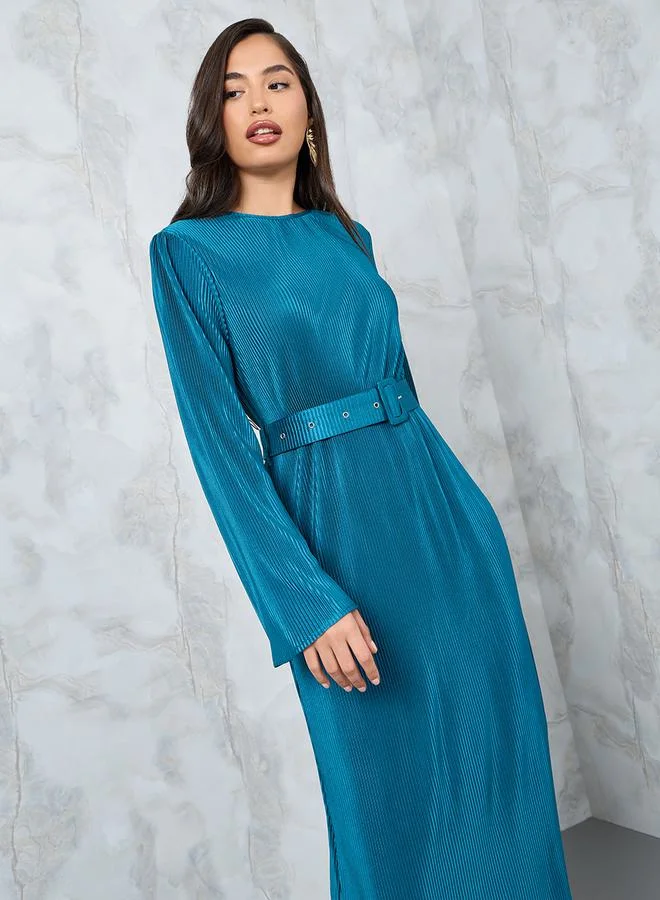 ستايلي Flare Sleeve Belted Plisse A-Line Midi Dress